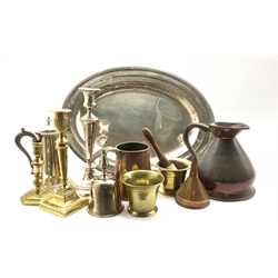 Plated oval platter with gadrooned border L54cm, two brass mortars, copper measure, plated hot water jug etc