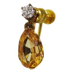 Pair of early 20th century gold pear shaped imperial topaz and old cut diamond pendant, screw back earrings