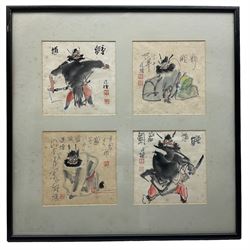 Japanese School (Early 20th century) Set of four narrative scenes depicting Japanese Warriors, Ink and colour on paper, each signed, framed as one 37cm x 37cm