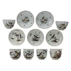 Four 18th century Meissen  ornithological teacups, each hand painted with birds perched on a low branch and rockwork, amidst flying insects, with scroll handles and gilt rims and three associated Meissen saucers, D13.5cm, together with a pair of Meissen porcelain cups and saucers, each hand painted with birds within gilt shaped rims, blue crossed swords marks beneath (11) Provenance: From the Estate of the late Dowager Lady St Oswald