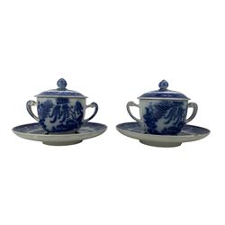 Set of three 18th/ early 19th century blue transfer printed chocolate cups and saucers with trembleuse saucers 