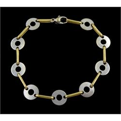 19ct white gold circular disk and yellow gold bar link bracelet, with 18ct gold clasp