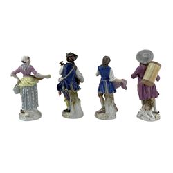 Set of thirteen Meissen 'Cris de Paris' after the models by Peter Reinicke of 1753-1754 based on drawings by Christophe Huet, depicting The Poultry Seller (60222), Peasant girl feeding chicks (60245), Lottery Seller (60236), Oboe Player (60246), Hawker with violin and song books (60238), Savoyarde with Child (60247), Pastry Maker (60220), The Night Watchman (60232), Cook (60230), Lemon Seller (61163), Gardener's Child: Boy With Shepherd Stick (model 60338), The Orange Seller (60237), The Waiter (60234), together with The Lute Player (60037), H15cm max (14) Provenance: From the Estate of the late Dowager Lady St Oswald