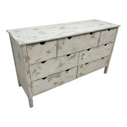 Distressed white and blue painted pine chest, fitted with seven drawers