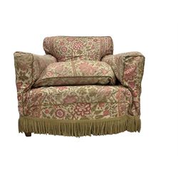 Early 20th century Howard design armchair, upholstered in neutral geometric fabric with sprung back and seat, hardwood frame, raised on square tapering supports, with matching seat cushion, the removable chair covering decorated with pink and green floral decoration
Provenance: property of a gentleman