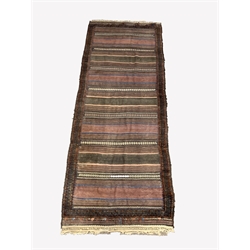  Turkish flat weave red ground rug with multi coloured stripped design and tufted border, 141cmx  370cm  