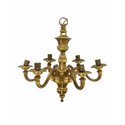 Quality 20th century cast gilt brass chandelier, the central faceted octagonal baluster column supporting six leaf cast and fluted branches W63cm