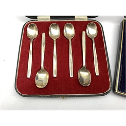 Set of six late Victorian engraved silver tea spoons and tongs Sheffield 1899 Maker Joseph Rodgers and a set of six silver coffee spoons with flattened stems Sheffield 1964 Maker Viners