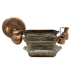 Three 19th/ early 20th century oblong copper pans with wrought iron swing handles, max 59cm, 19th century copper pan lid, Guernsey copper milk jug and other copperware 