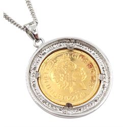 Queen Elizabeth II 2002 gold shield back half sovereign coin, mounted in white gold diamond mount, on white gold chain, both hallmarked 9ct