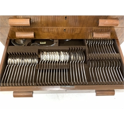 Early 20th century Art Deco silver plated canteen of cutlery for twelve covers, the cutlery stamped 'W.Greenwood & Sons Leeds and Huddersfield' in walnut table case with three drawers, some items missing