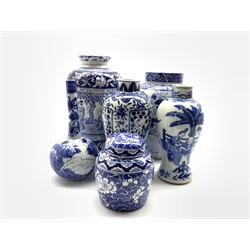  19th Century Chinese blue and white vase with Kang Hsi mark H19cm, ginger jar and cover and four other blue and white items  