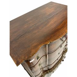 Queen Anne style walnut serpentine chest on stand, moulded cornice over four long graduated drawers with herringbone inlay, flanked by fluted canted corners, parcel gilt floral carved moulding and three drawers under, shaped apron, raised on shell carved cabriole supports W94cm, D54cm, H145cm