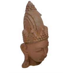 Two composite terracotta garden busts of Buddha with a maroon finish (2)