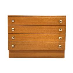 Mid century vintage teak chest, fitted with four drawers, raised on plinth base W81cm