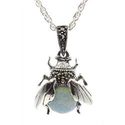 Silver opal and marcasite bug pendant necklace, stamped 925