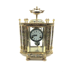 Brass and cloisonne decorated mantel clock, circular Roman and Arabic dial enclosed by bevel glazed door, with eight column and urn finial, twin train movement striking the hours and half on single coil, with pendulum, W36cm, H46cm