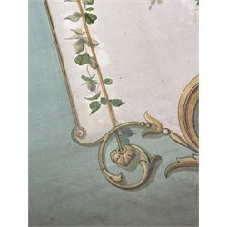 Large 19th/ early 20th century Art Nouveau 'Café Glacier' advertising wall hanging, hand painted onto canvas with an urn of flowers within a scrollwork border, entwined with foliate swags against a green ground, by Peyneau & Schmitt, Vichy, H270cm x W180cm 