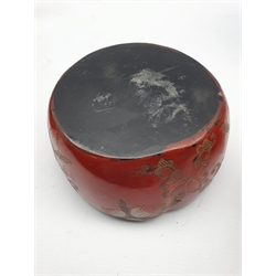 Japanese  laquer box and cover on a crimson ground, Japanese bronze mirror, vase stand etc