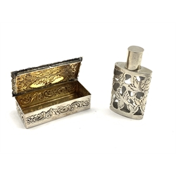 Antique design silver snuff or trinket box embossed with cherubs and scrolls and with gilded interior L7cm London 1975 Maker A Chick & Sons and a Mexican silver overlaid glass scent bottle