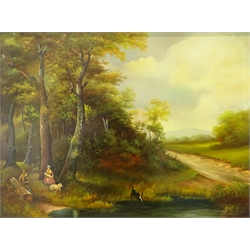 Continental School (20th century): Dog Watering in a Forest Clearing, oil on panel signed David Dupre 28cm x 38cm