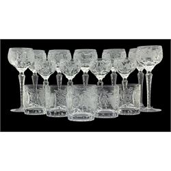 Part suite of Nachtmann crystal comprising seven tall stemmed wine glasses, four smaller wine glasses and six tumblers, with grape etched decoration