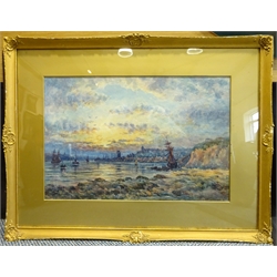 J Smith (Early 20th century): Estuary Scene with Shipping at Sunset, watercolour signed and dated 1921, 32cm x 48cm