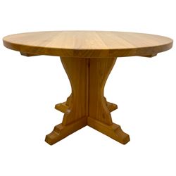 Knightman - oak dining table, circular top on cruciform base with sledge feet, carved with knight signaure, by Horace Knight, Balk, Thirsk 