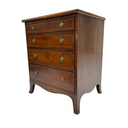 Small Georgian style mahogany chest, rectangular banded top with parquetry stringing, fitted with four graduating drawers, shaped apron and splayed bracket feet