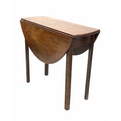 Georgian mahogany oval drop leaf table, the square chamfered blind fret carved supports swinging to support the drop leaves, W77cm