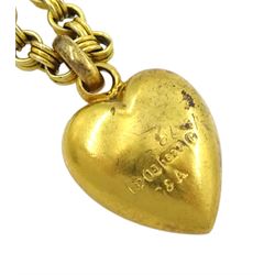 Edwardian 15ct gold heart pendant, with engraved floral decoration, Chester 1903, on 10ct gold link necklace