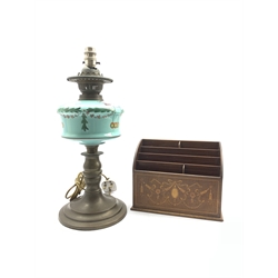 Edwardian mahogany inlaid letter rack together with a Victorian brass oil lamp with blue milk glass reservoir, H45cm