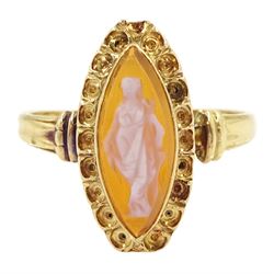 19th century 18ct gold sardonyx cameo ring, the lozenge shaped sardonyx carved depicting a classical female figure, within a navette frame and to fancy shoulders