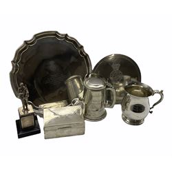 White metal figure of a soldier on a silver mounted ebonised plinth with inscription to Col. A J McClay from the Yorkshire Volunteers 1954, silver cigarette box similarly inscribed, two plated trays and two tankards to Col McClay