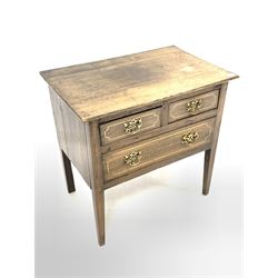 19th century and later side table, partially constructed from oak, fitted with two short and one long drawer with string inlay, raised on square tapered front supports W74cm