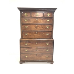 George III mahogany chest on chest, the upper section with dentil cornice and canted corners fitted with three long and three short drawers, three long drawers and brushing slide under on bracket feet W114cm