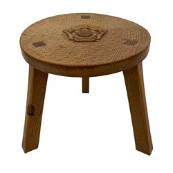 'Gnomeman' oak occasional table, circular tooled top with carved Yorkshire Rose, on three supports, one support carved with gnome signature, by Thomas Whittaker of Littlebeck, Whitby 