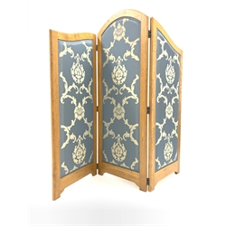 20th century oak three fold room divider, with serpentine top, over blue floral silk upholstered panels, H165cm