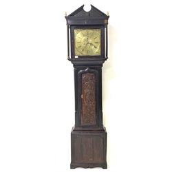 Late 18th/Early 19th century carved oak longcase clock, the brass dial with gilt metal spandrels, incised floral decoration, Roman and Arabic chapter ring, date aperture and subsidiary seconds ring, inscribed 'Watkin Owen, Llanrwft' eight day movement striking hammer on bell, H214cm