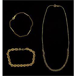Gold rope twist bracelet, bar link bracelet and tri-coloured weave necklace, all hallmarked 9ct