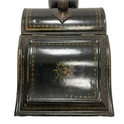 Loveridge & Co of Wolverhampton - Victorian toleware coal purdonium, hinged slope front, wrought iron handle with scroll thumbpiece and shovel, painted in black with gilt borders. 
Provenance: From the Estate of the late Dowager Lady St Oswald