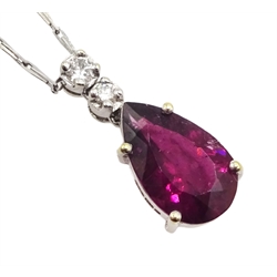 18ct white gold pear shaped rubellite tourmaline and two diamond pendant necklace, hallmarked