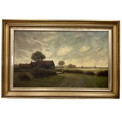 A Midgley (British 19th/20th century): Figures on a Country Lane with winding River, oil on canvas signed and dated 1909, 75cm x 126