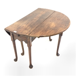 Georgian oak and elm oval drop leaf table, with gateleg action, drawer to one end over shaped apron, raised on turned supports terminating in pad feet, 115cm x 107cm, H73cm