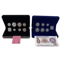 Pobjoy Mint Isle of Man proof sterling silver six coin set, dated 1977, from half penny to fifty pence and Pobjoy Mint Isle of Man proof sterling silver seven coin set, dated 1980, from half penny to one pound, both cased, 1980 with certificate (2)