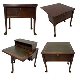 18th century mahogany metamorphic campaign writing desk, tea table and games table, double fold-over with adjustable rest to gate-leg support, the first fold reveals plain mahogany top, the second fold reveals green and tooled leather writing surface, counterbalanced lift-up back fitted with pigeon holes and small drawers, on cabriole supports