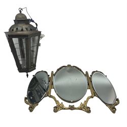 Metal hexagonal hall lantern of tapering form H60cm and a triple division dressing table mirror