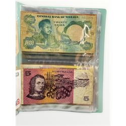 Great British and World banknotes including three Bank of England Beale one pound notes 'K01C', 'S10C' and 'A87C', Clydesdale Bank Limited twenty pounds 'C/A018821', Bank of Jamaica two dollars 'EB659746', Reserve Bank of New Zealand one dollar and five dollar notes, The Central Bank of Ireland ten pounds '32D642265 10.2.75' etc, housed in a small folder