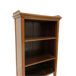 Small Edwardian inlaid mahogany open bookcase, raised three-quarter gilt metal fretwork gallery over two open shelves flanked by satinwood banded uprights, on square tapering supports