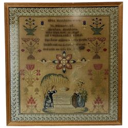 Victorian memorial wool work sampler, by Eliza Wenthorn, 1849, with verse 'In Memory of Abraham Wenthorn Who Dies Sept 08. 1849...', figures of angels, figures by a tomb, flowers etc, in glazed oak frame, 62cm x 58cm 